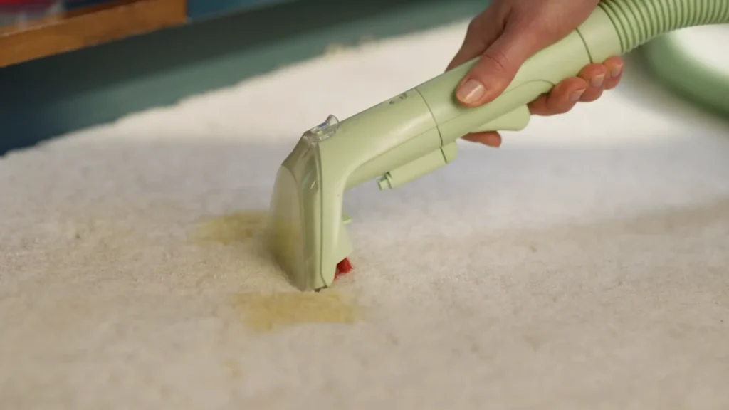 A person using the best portable pet spot cleaner to remove a muddy paw print from a light-colored rug.
